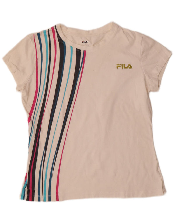Fila Dame T-Shirt Top UK 14 Stor Off White Stribet Bomuld
