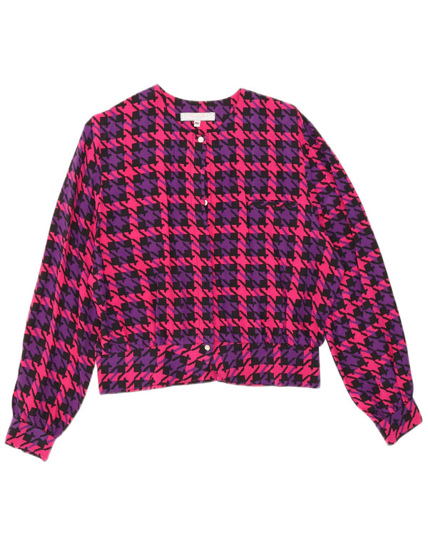Vintage Dame Oversized Skjorte Bluse IT 46 Large Pink Houndstooth Silke