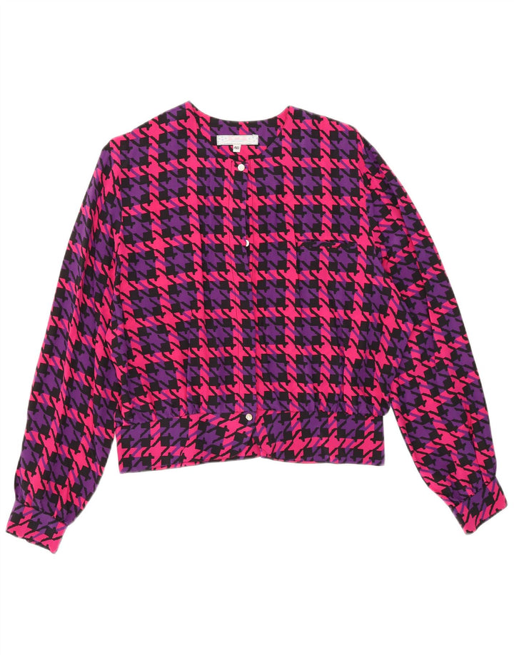 Vintage Dame Oversized Skjorte Bluse IT 46 Large Pink Houndstooth Silke
