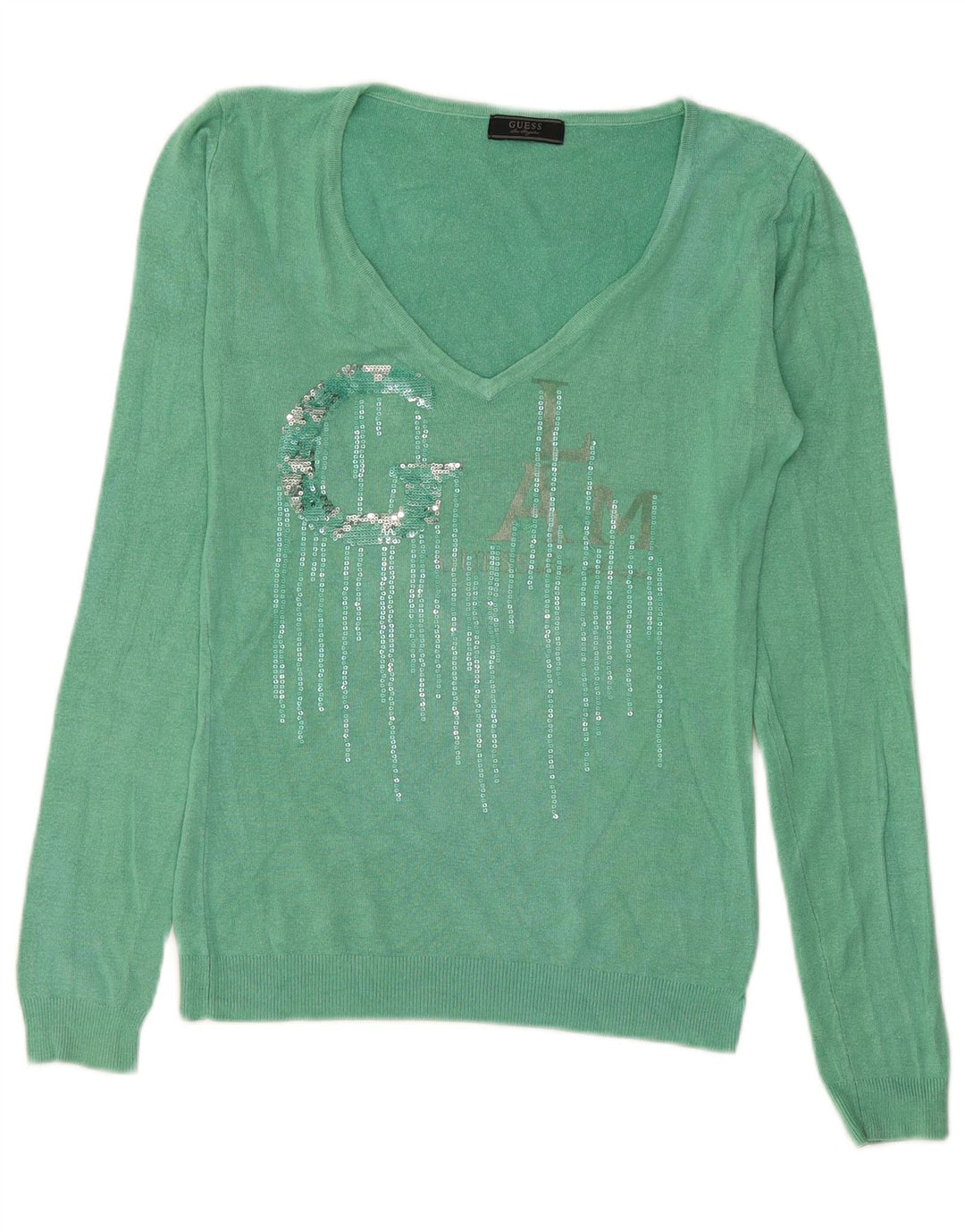 Guess Dame grafisk V-hals sweater UK 12 Medium Green