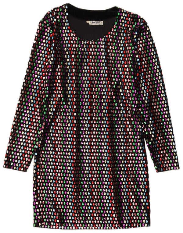 Vintage Dame Langærmet Skift Kjole UK 12 Medium Multicolored Spotted