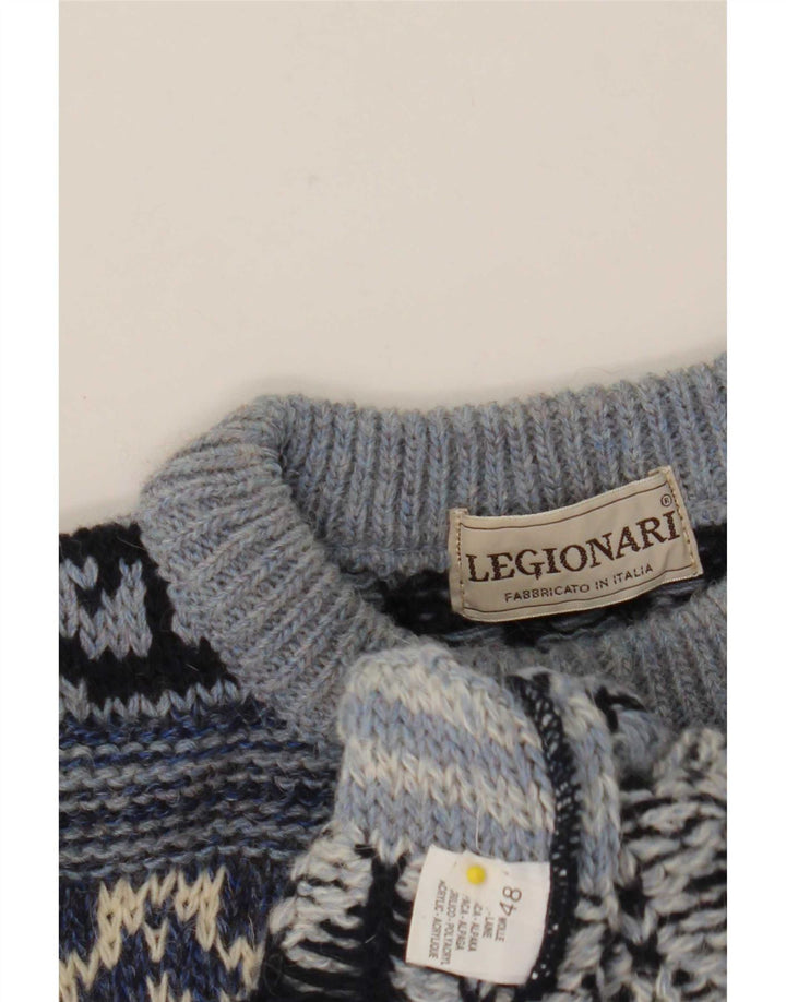 Vintage Herre Crew Neck Jumper Sweater IT 48 Medium Blue Fair Isle Wool