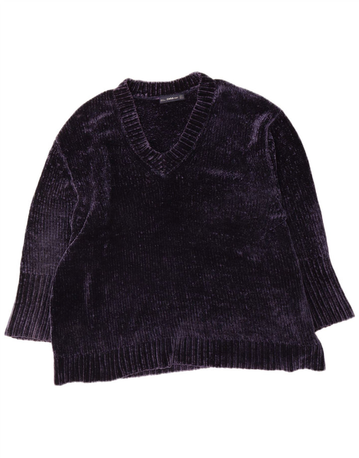Zara Dame Oversized V-hals sweater UK 10 Small Navy Blue Polyester