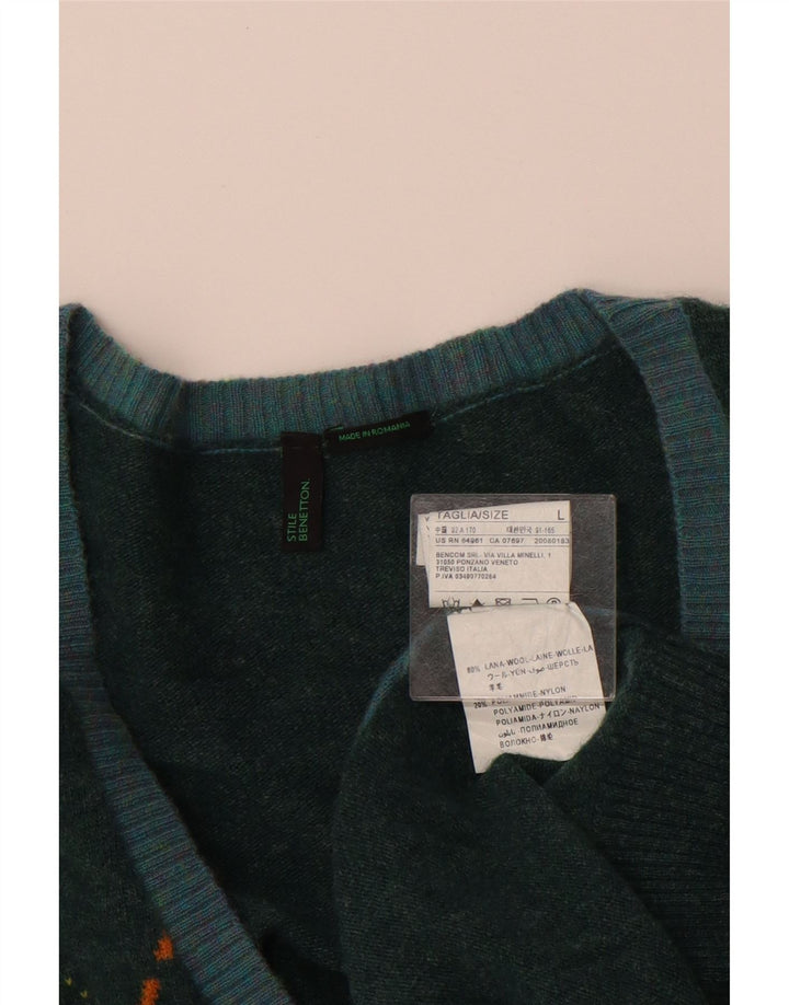 BENETTON Mens V-Neck Jumper Sweater Large Green Argyle/Diamond Wool
