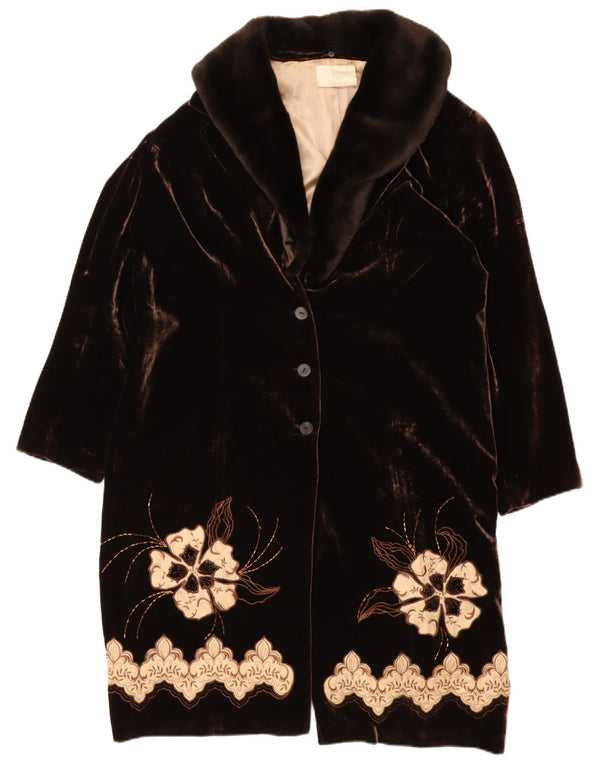 Ann Harvey Womens Velvet Overcoat UK 16 Large Brown Floral