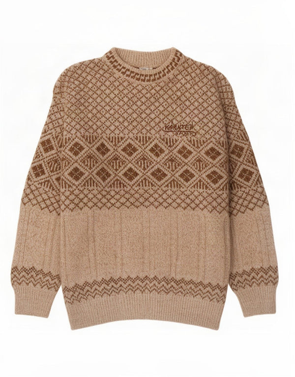 Vintage Herre Crew Neck Jumper Sweater Large Beige Fair Isle Akryl