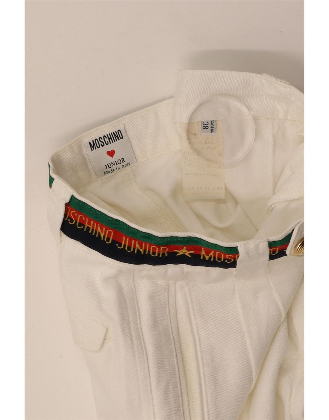MOSCHINO drengebukser med grafisk hængt jakkesæt 9-10 år W24 L25 hvid bomuld