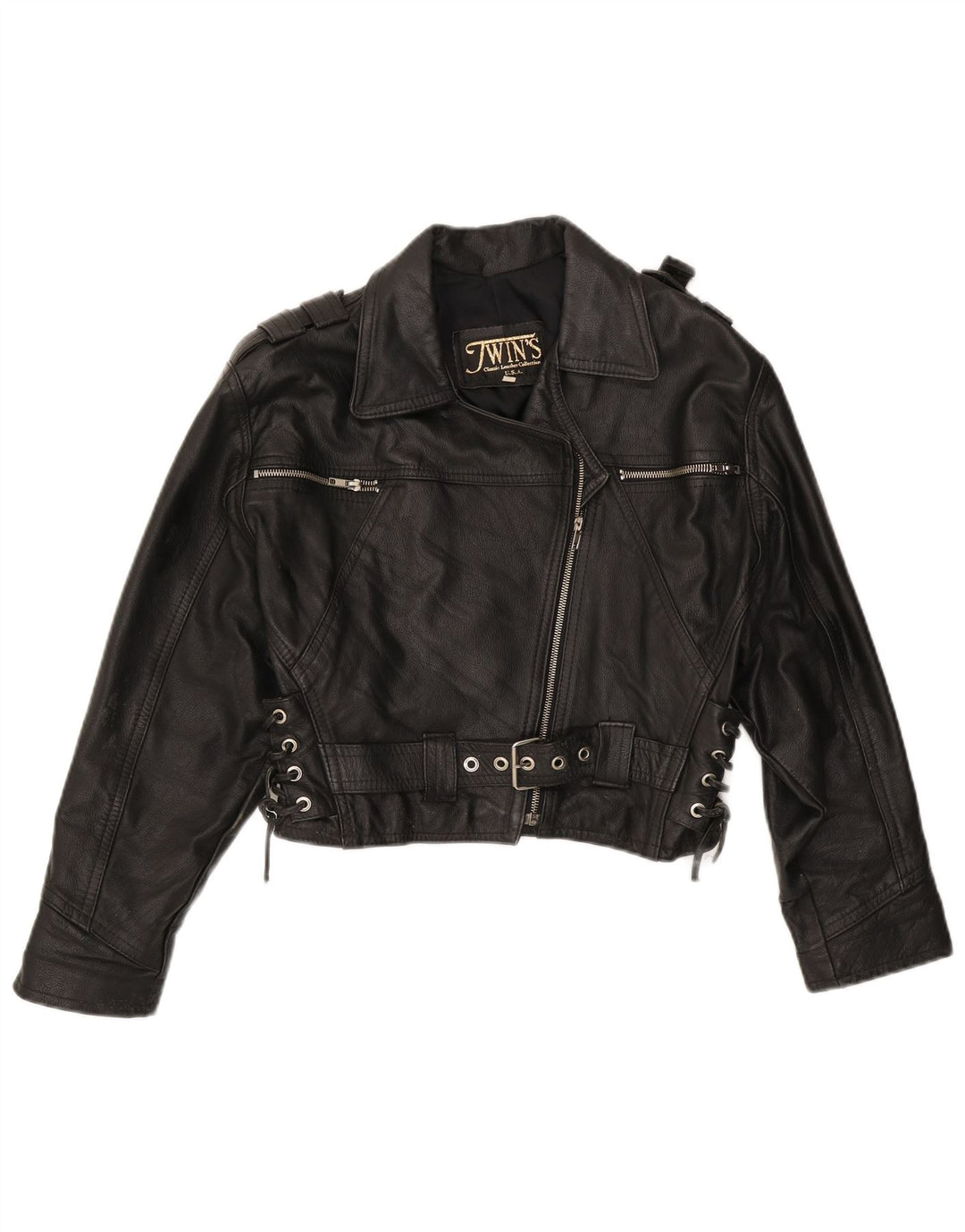 Vintage dame oversize bikerjakke UK 10 lille sort læder