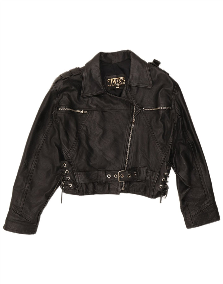 Vintage dame oversize bikerjakke UK 10 lille sort læder