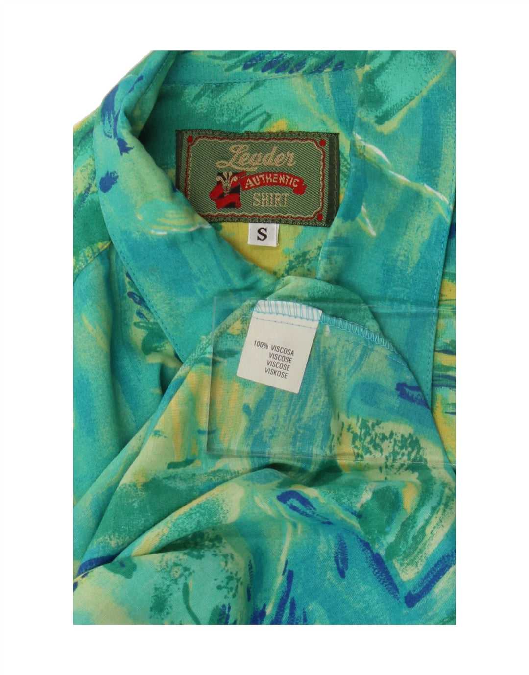 LEADER Mens Short Sleeve Shirt Small Green Patchwork Viscose Vintage Leader and Second-Hand Leader from Messina Hembry 