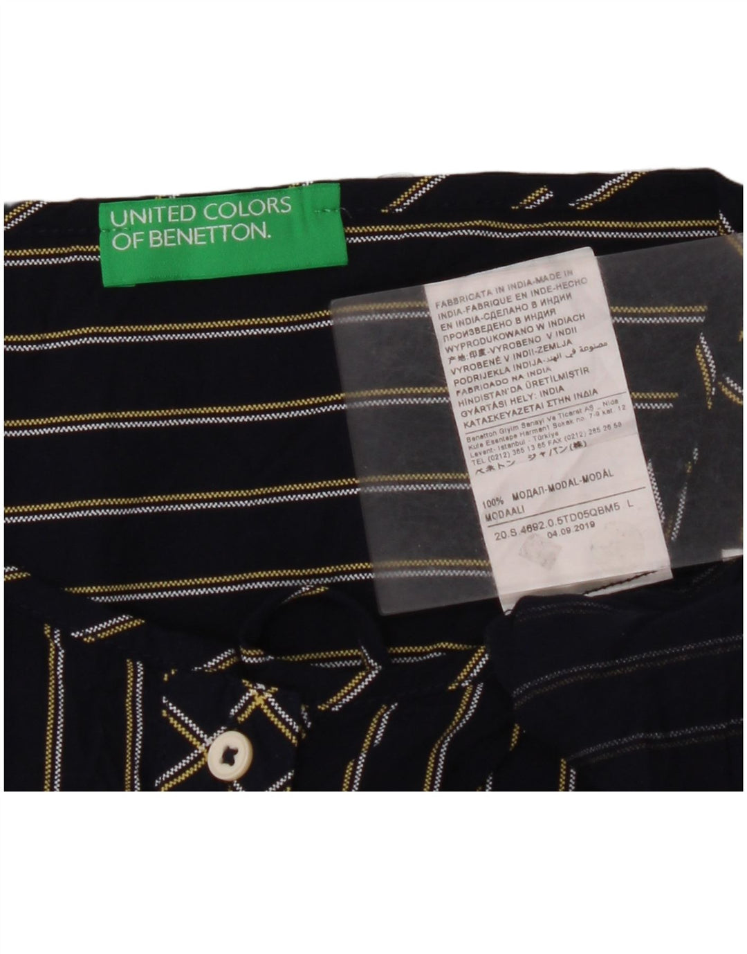 BENETTON Dame Langærmet Bluse Top UK 16 Large Navy Blue Pinstripe