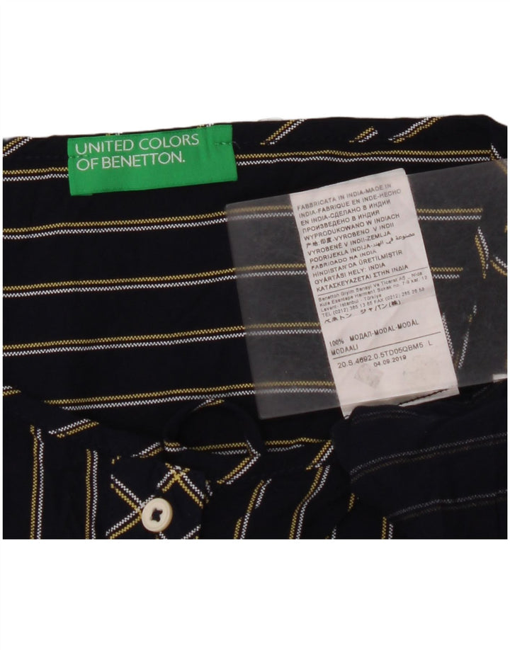 BENETTON Dame Langærmet Bluse Top UK 16 Large Navy Blue Pinstripe