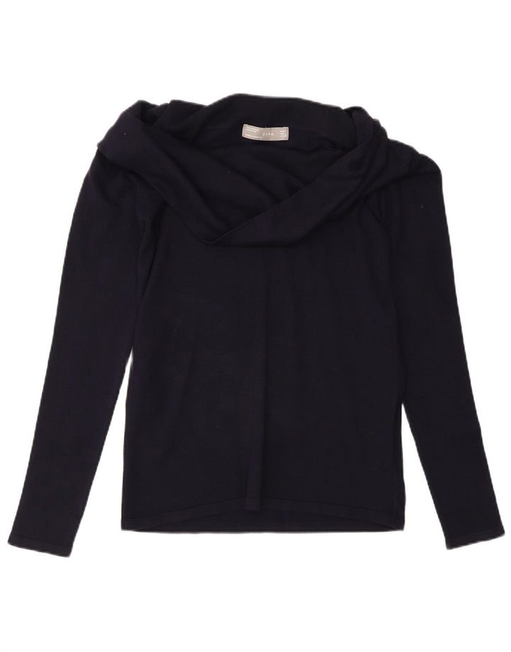 Zara Dame Top Langærmet UK 14 Large Navy Blue Viscose