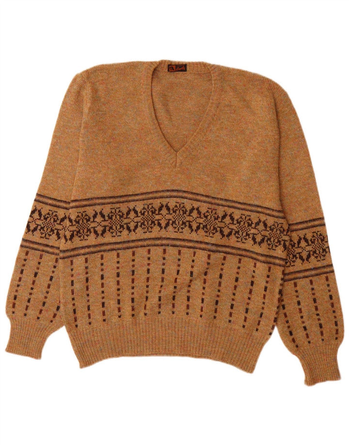 Vintage Herre V-hals sweater Medium Brown Fair Isle Akryl