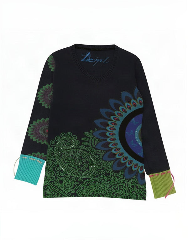 Desigual Dame Grafisk Top Langærmet UK 14 Large Navy Blue Paisley