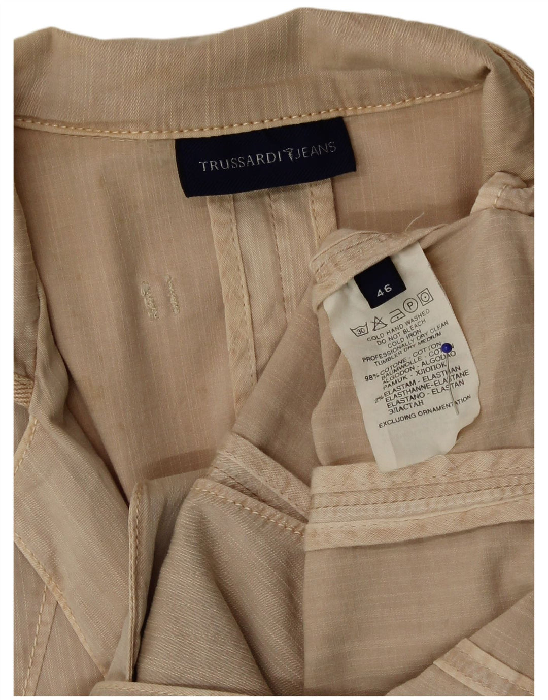 Trussardi Dame 2 Button Blazer Jacket IT 46 Stor Beige Bomuld