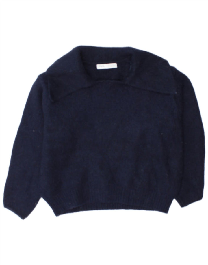 Zara Dame Polo Neck Jumper Sweater UK 16 Large Navy Blue Polyester