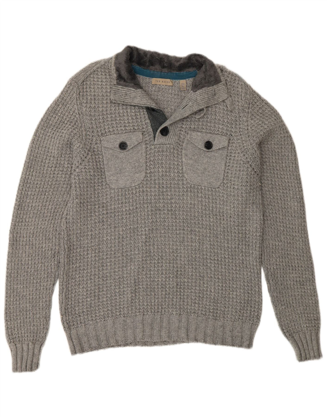 Ted Baker Herre Button Neck Jumper Sweater Størrelse 4 Stor Grå Bomuld