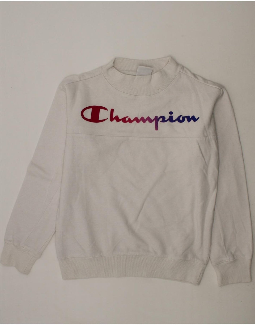 CHAMPION Girls Graphic Sweatshirt Jumper 9-10 Years Medium White Cotton Vintage Champion and Second-Hand Champion from Messina Hembry 