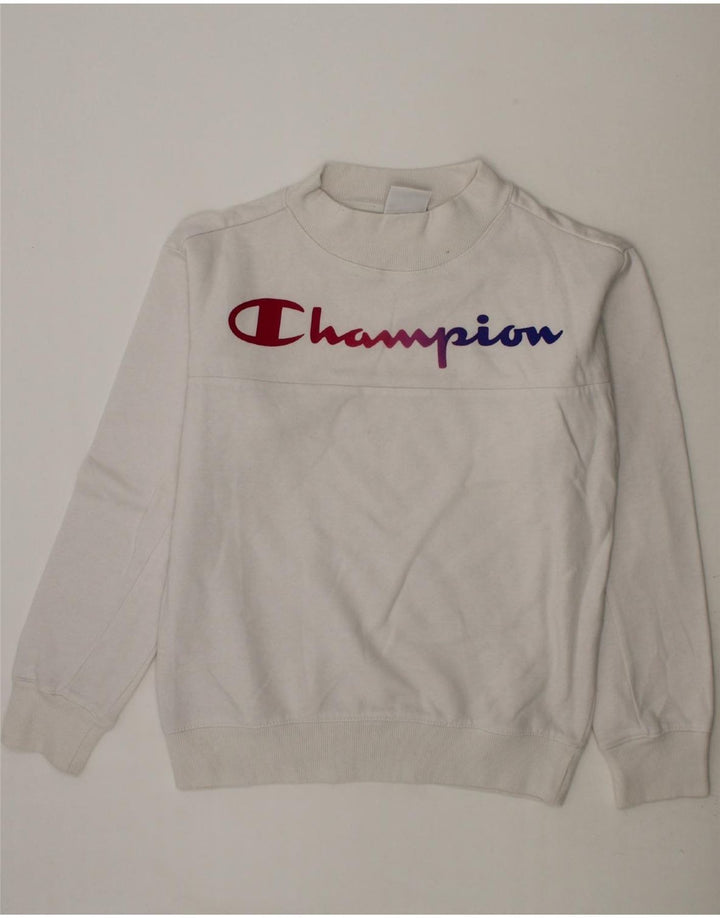 CHAMPION Girls Graphic Sweatshirt Jumper 9-10 Years Medium White Cotton Vintage Champion and Second-Hand Champion from Messina Hembry 