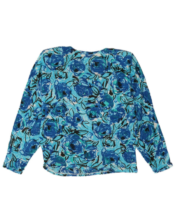 Vintage Kvinders Boat Neck Jumper Sweater UK 14 Medium Blue Floral Acryl