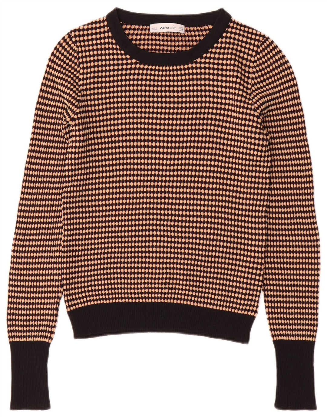 Zara Womens Crop Crew Neck Jumper Sweater UK 12 Medium Brown Stribet