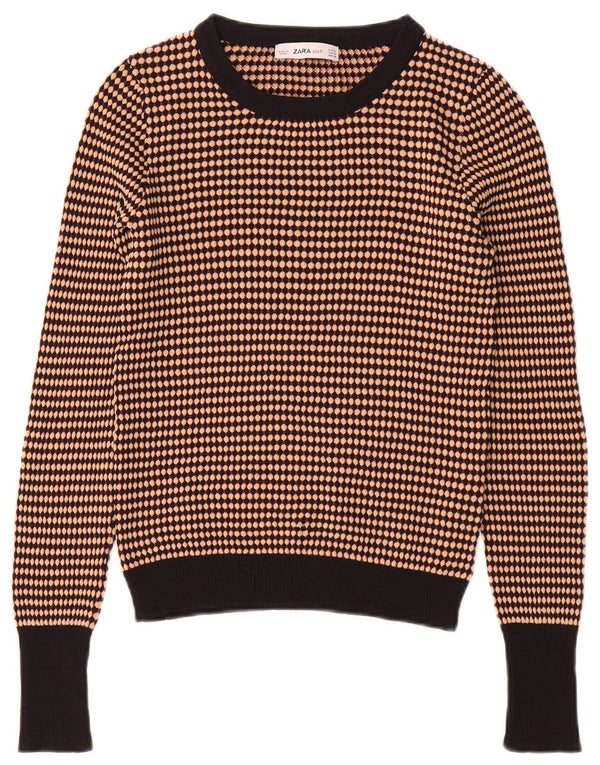 Zara Womens Crop Crew Neck Jumper Sweater UK 12 Medium Brown Stribet