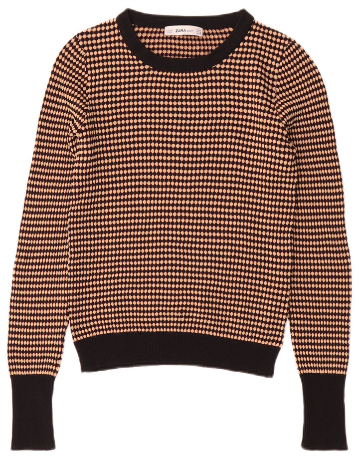 Zara Womens Crop Crew Neck Jumper Sweater UK 12 Medium Brown Stribet