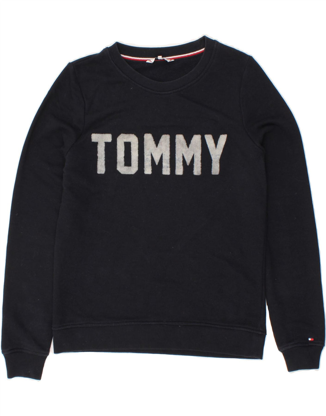 TOMMY HILFIGER Womens Graphic Sweatshirt Jumper UK 10 Small Navy Blue Vintage Tommy Hilfiger and Second-Hand Tommy Hilfiger from Messina Hembry 