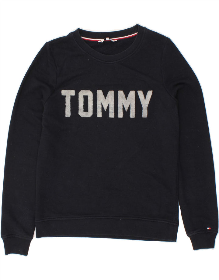 TOMMY HILFIGER Womens Graphic Sweatshirt Jumper UK 10 Small Navy Blue Vintage Tommy Hilfiger and Second-Hand Tommy Hilfiger from Messina Hembry 