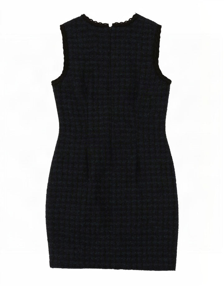Brora Dame Ærmeløs Skede Kjole UK 14 Large Navy Blue Houndstooth Uld
