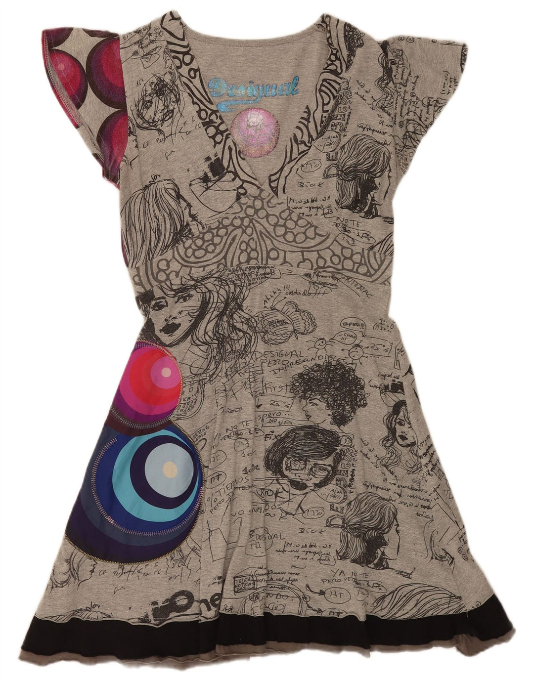 Desigual Kvinders Graphic A-Line Kjole UK 12 Medium Grey