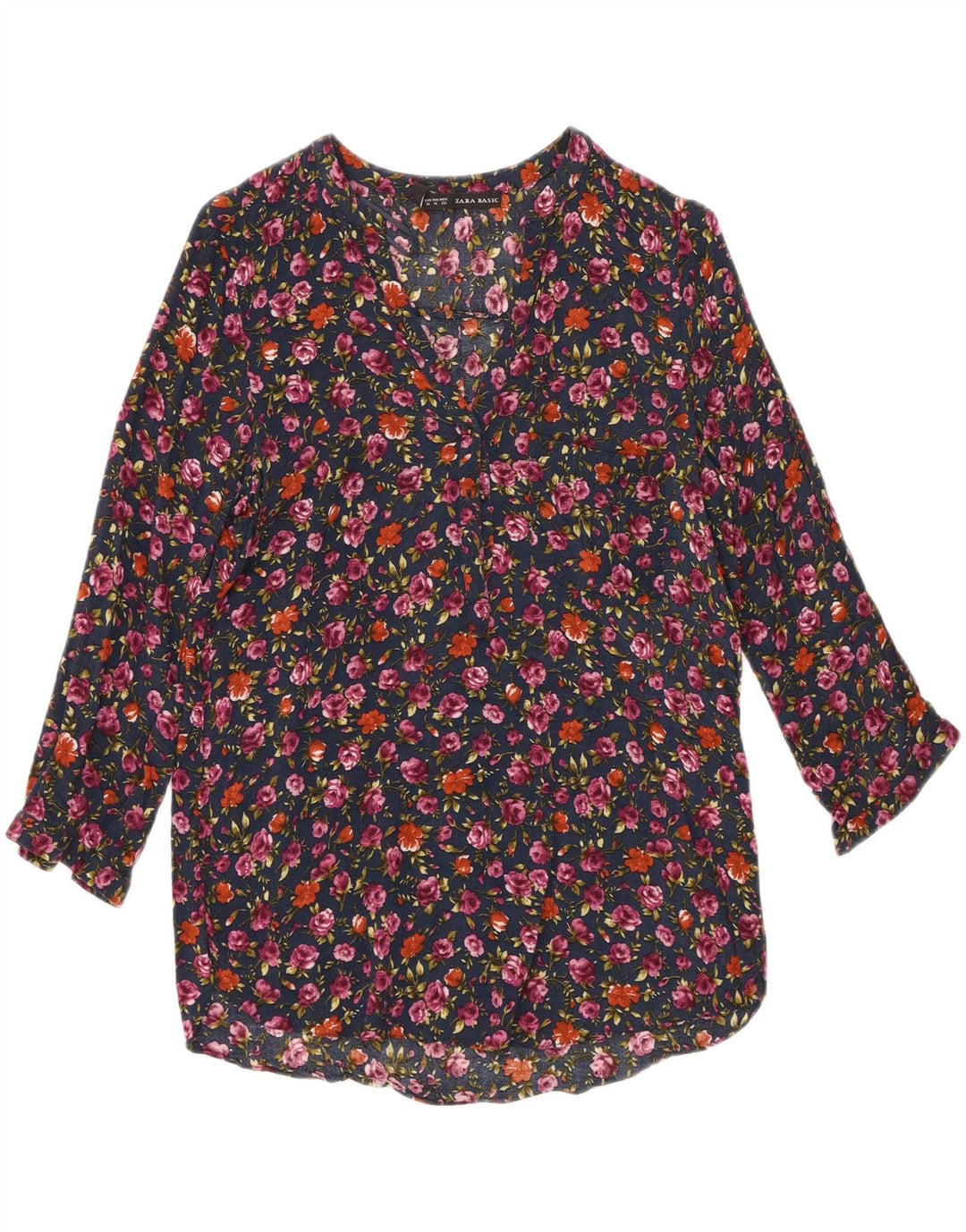 ZARA Womens Pullover 3/4 Sleeve Shirt Blouse UK 14 Medium Navy Blue Floral Vintage Zara and Second-Hand Zara from Messina Hembry 