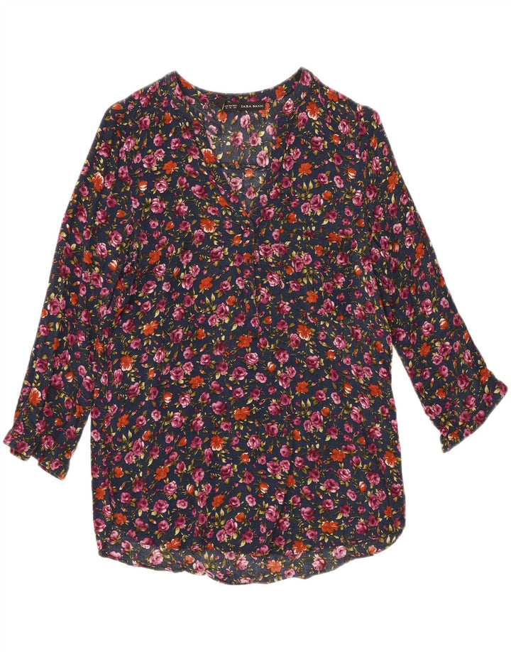 ZARA Womens Pullover 3/4 Sleeve Shirt Blouse UK 14 Medium Navy Blue Floral Vintage Zara and Second-Hand Zara from Messina Hembry 