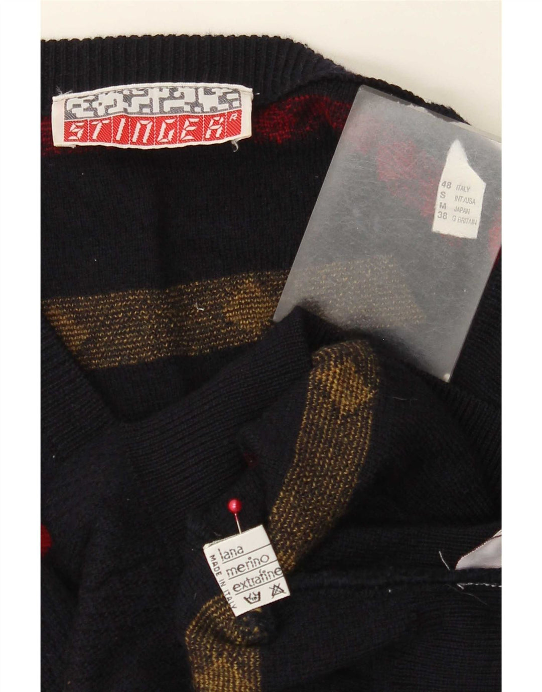 Vintage Herre V-hals sweater EU 38 Small Navy Blue Geometric