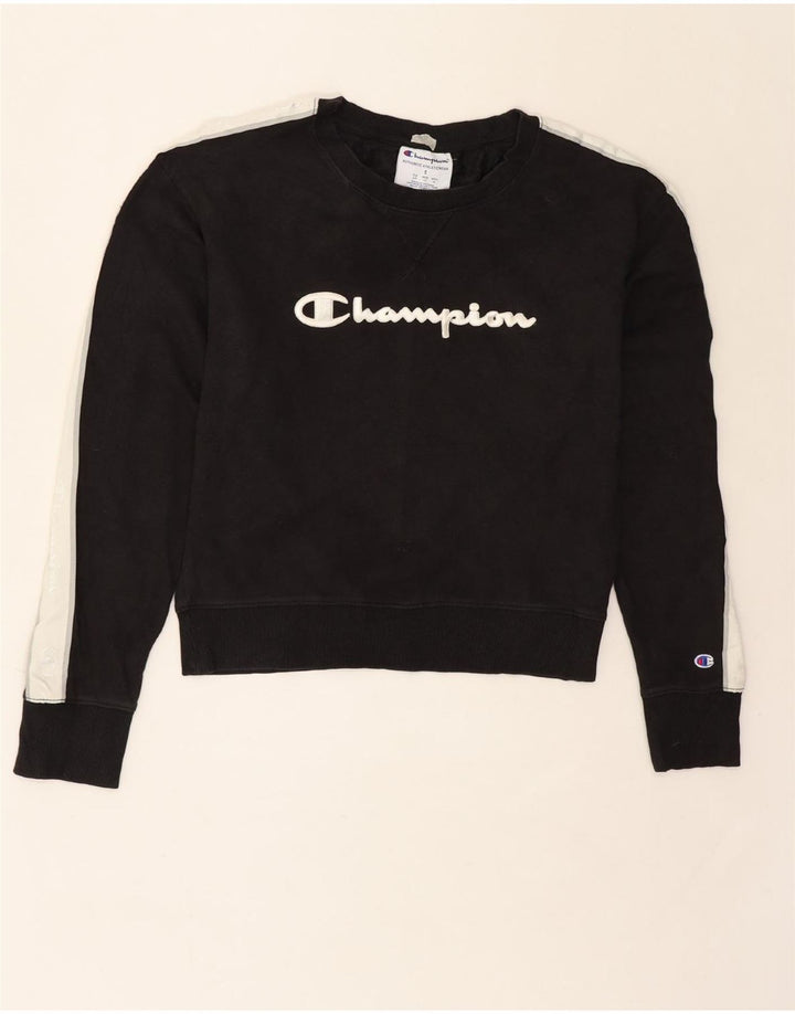 CHAMPION Womens Graphic Sweatshirt Jumper UK 10 Small Black Cotton Vintage Champion and Second-Hand Champion from Messina Hembry 