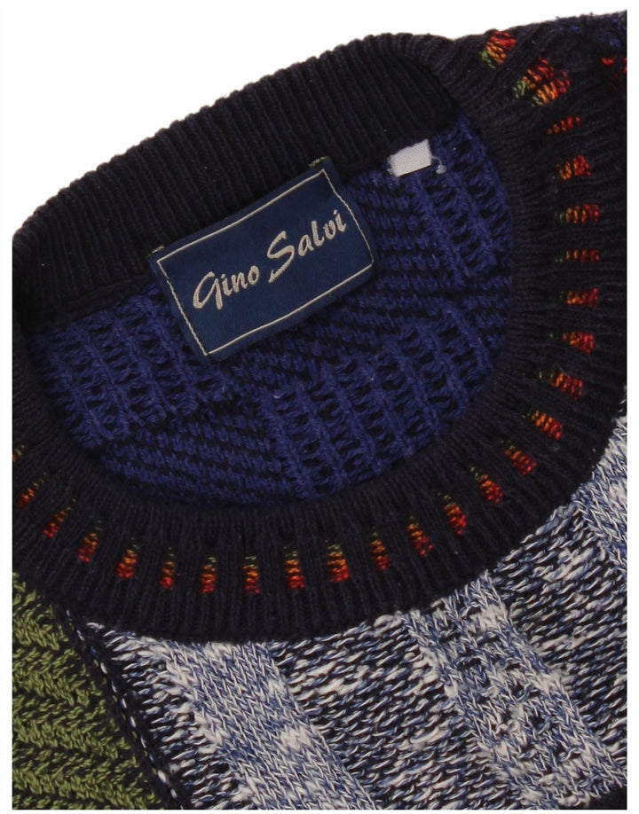 Vintage herre rund hals sweater XL flerfarvet patchwork