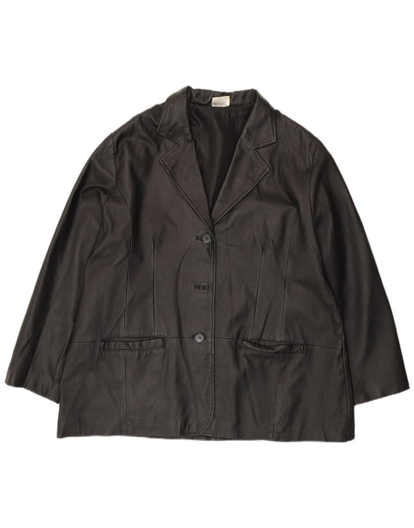 Agenda Dame 3 Button Læder Blazer Jacket UK 24 4XL Sort Læder