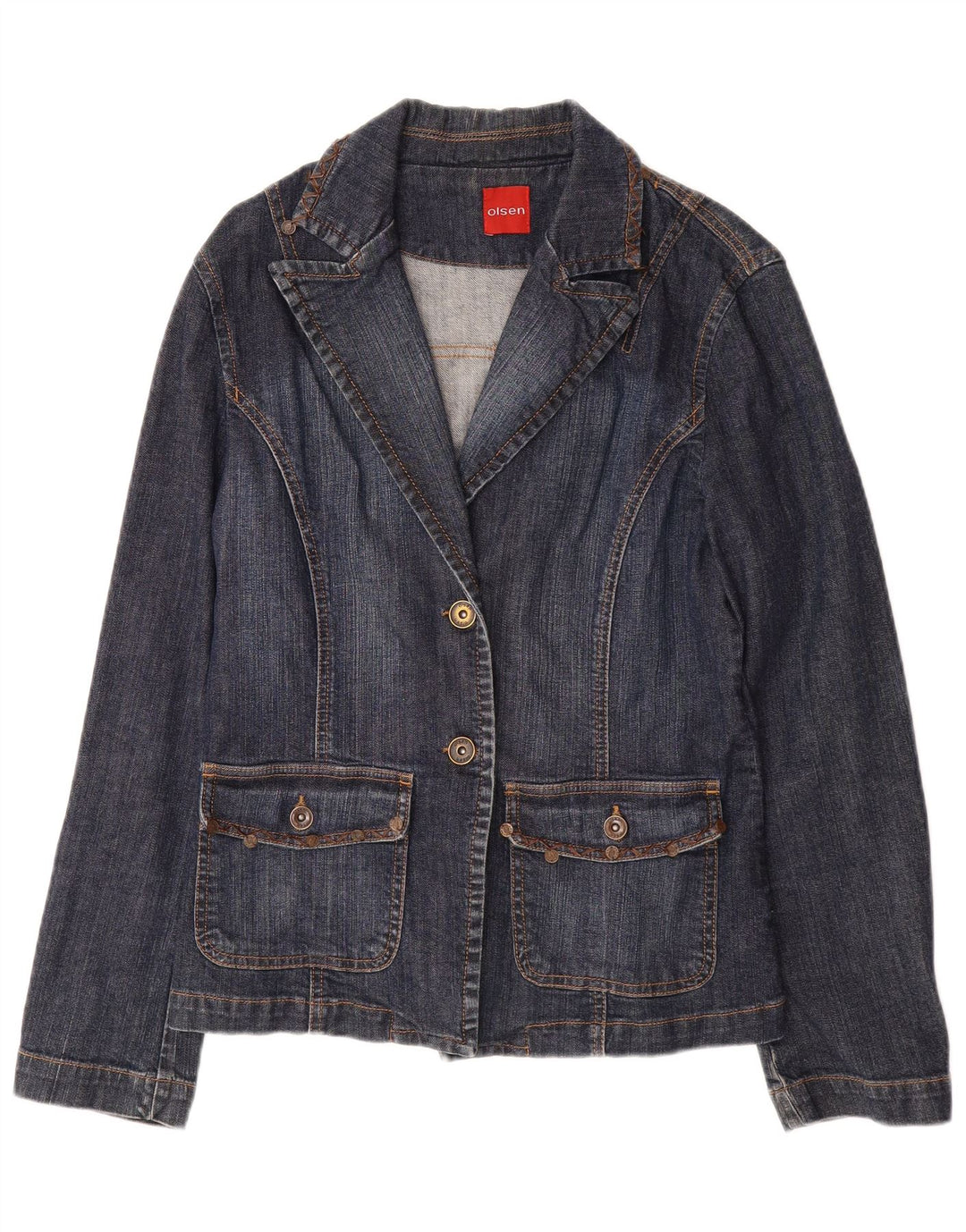 OLSEN Dame 2 Button Denim Blazer Jacket UK 14 Medium Blue Bomuld