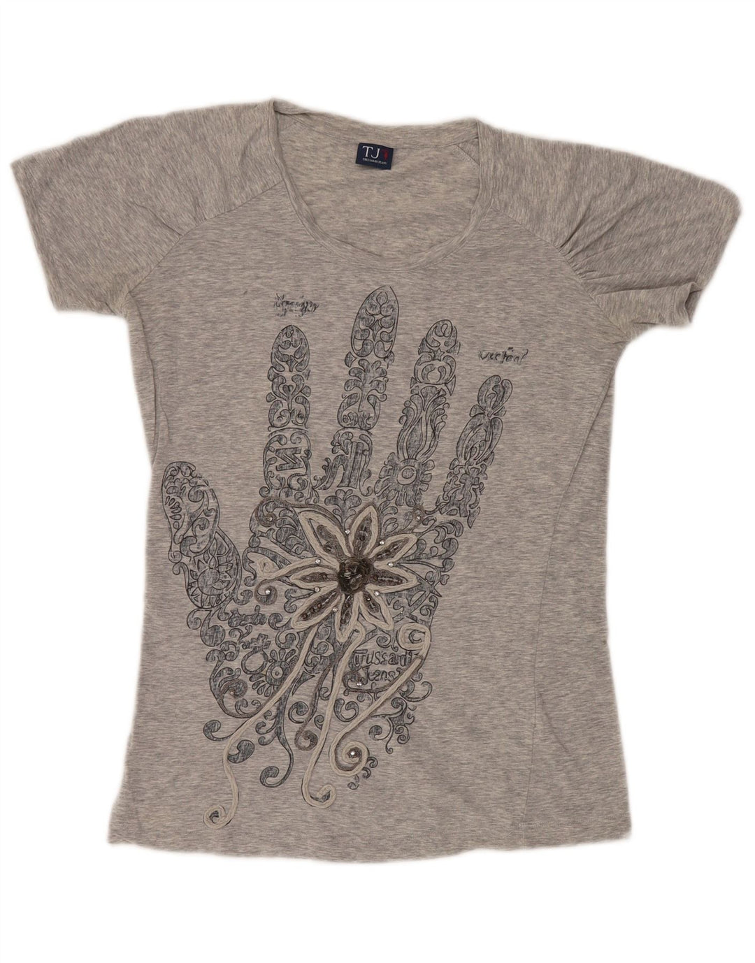 Trussardi Jeans Dame Grafisk T-Shirt Top UK 12 Medium Grå
