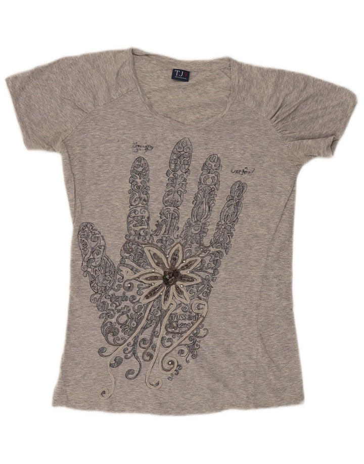 Trussardi Jeans Dame Grafisk T-Shirt Top UK 12 Medium Grå