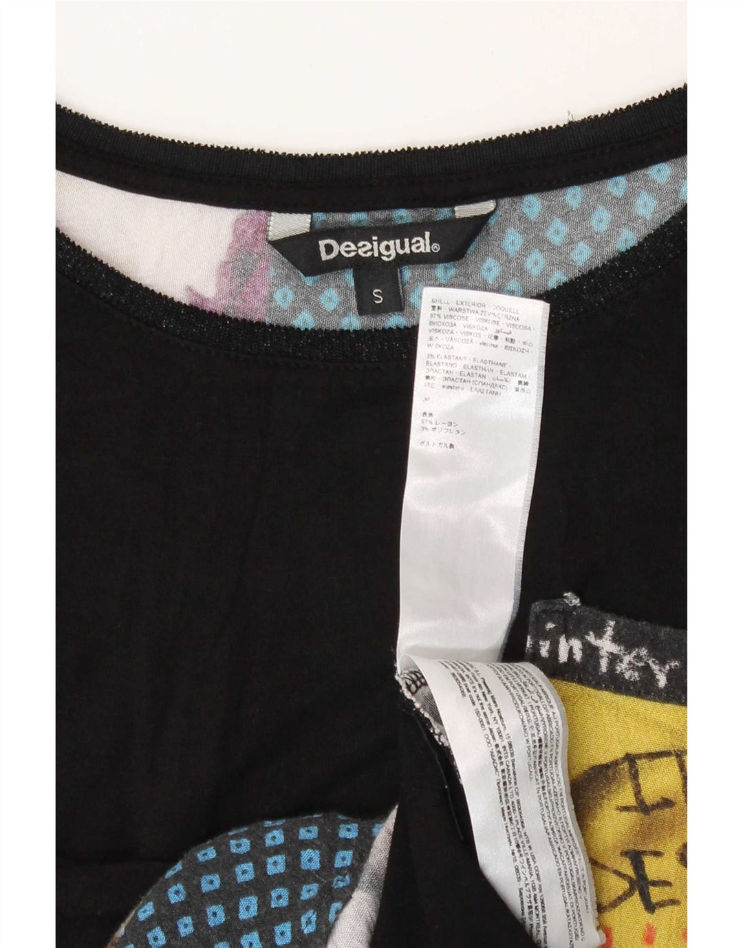 Desigual kvinders abstrakt mønster top 3/4 ærme UK 10 Lille sort viskose
