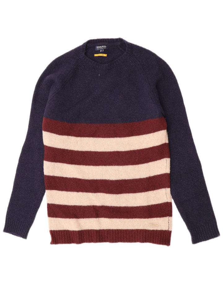 Woolrich Herre Crew Neck Jumper Sweater Medium Navyblå Stribet Uld