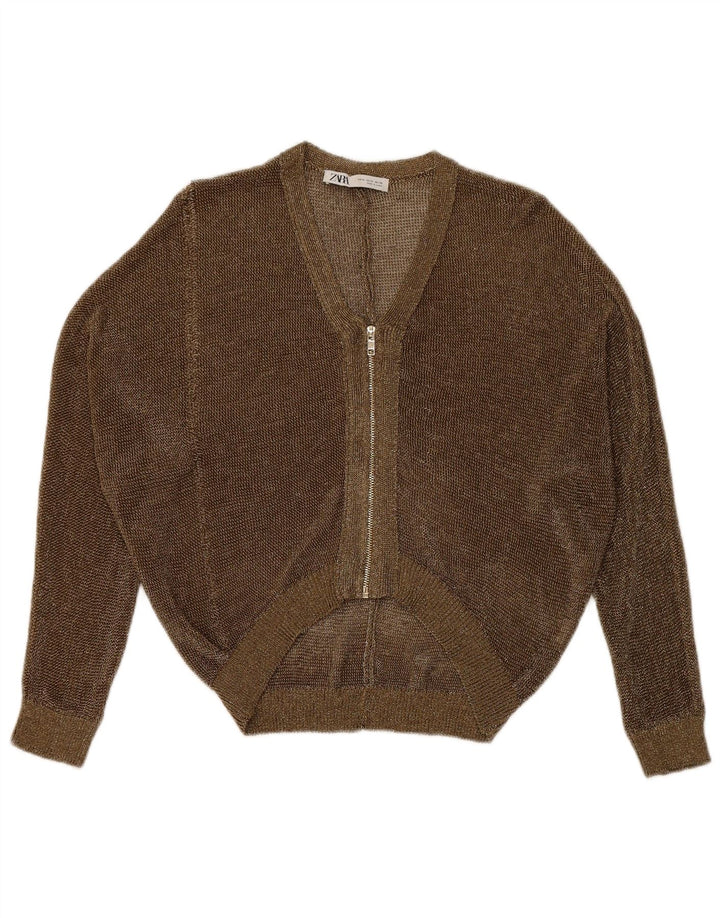 Zara Dame Se Through Cardigan Sweater UK 14 Medium Gold Flecked