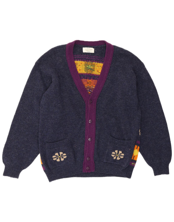 Benetton Dame Cardigan Sweater UK 14 Medium Navy Blue Geometric Retro