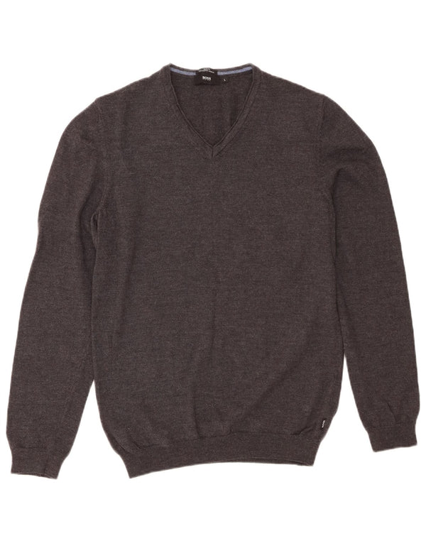 Hugo Boss Herre Slim Fit V-hals trøje Sweater Large Grey Virgin Wool