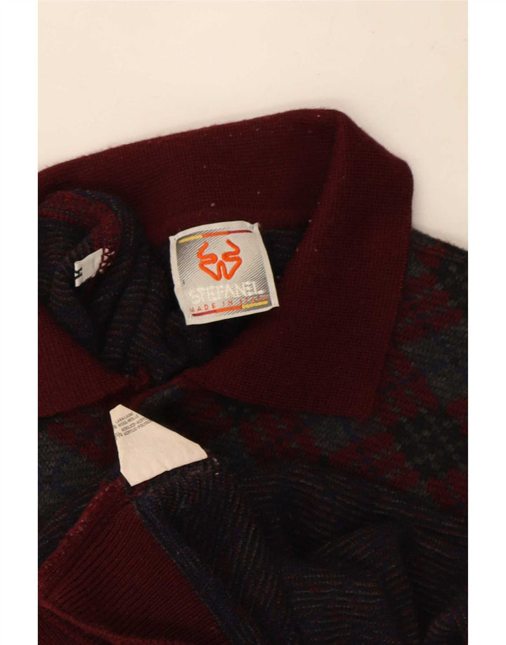 Stefanel Herre Polo Neck Jumper Sweater Medium Burgundy Argyle/Diamond Wool