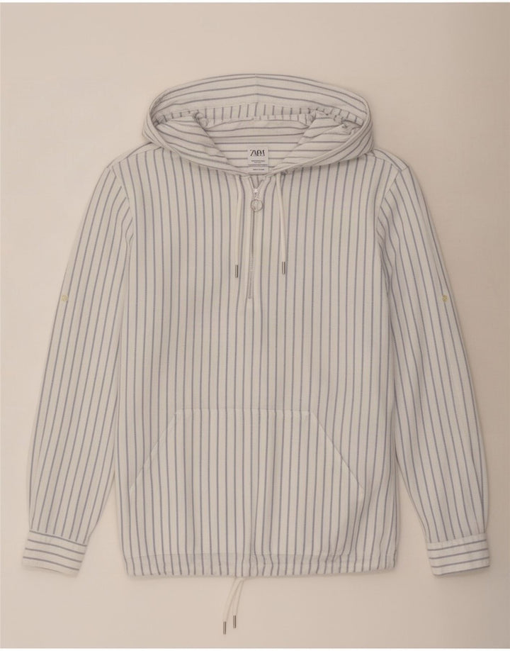 Zara Herre Hooded Relaxed Fit Pullover Shirt Medium Blue Pinstripe Bomuld