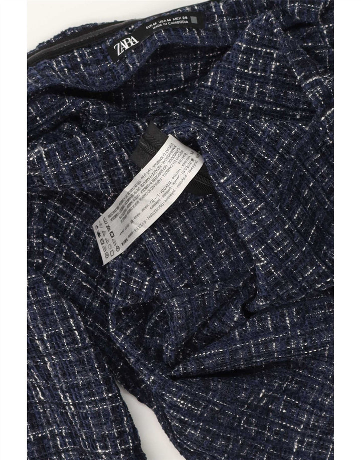 Zara Dame Off Shoulder Top UK 12 Medium Navy Blue Plaid Polyester