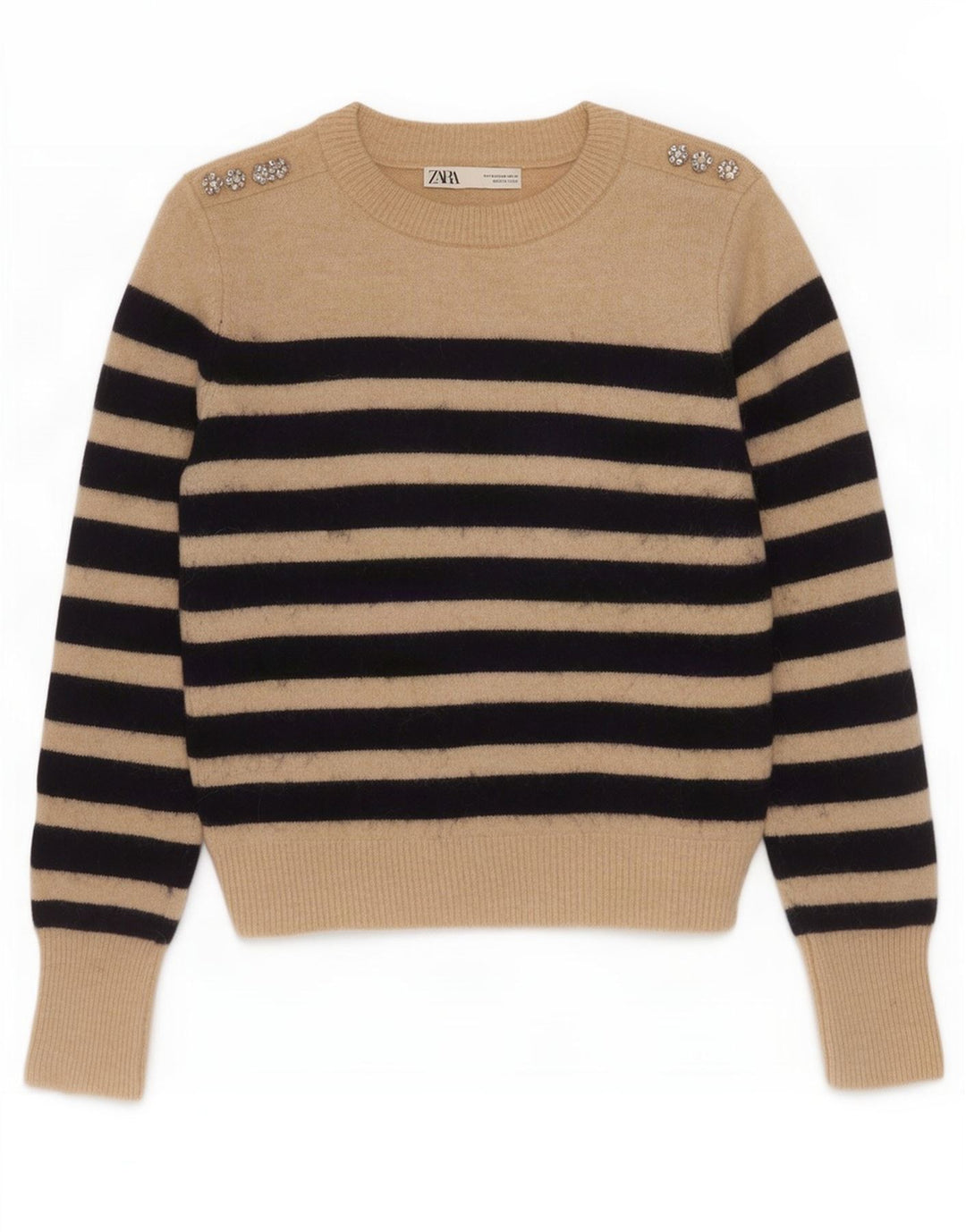 Zara Dame sweater med rund hals DK 12 Medium Beige Stribet Nylon